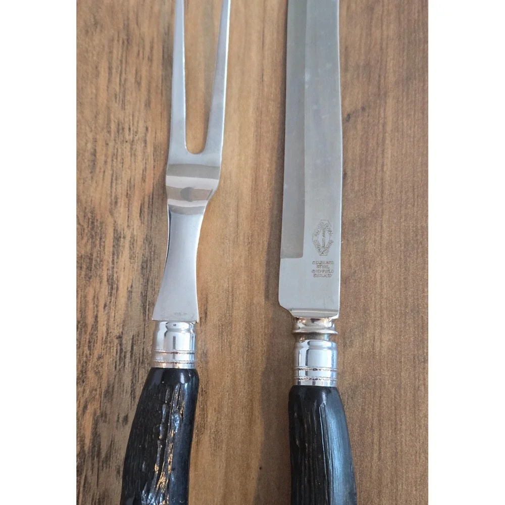 Vintage Sheffield England Stainless Steel Carving Set Faux Stag Handles 2 Piece